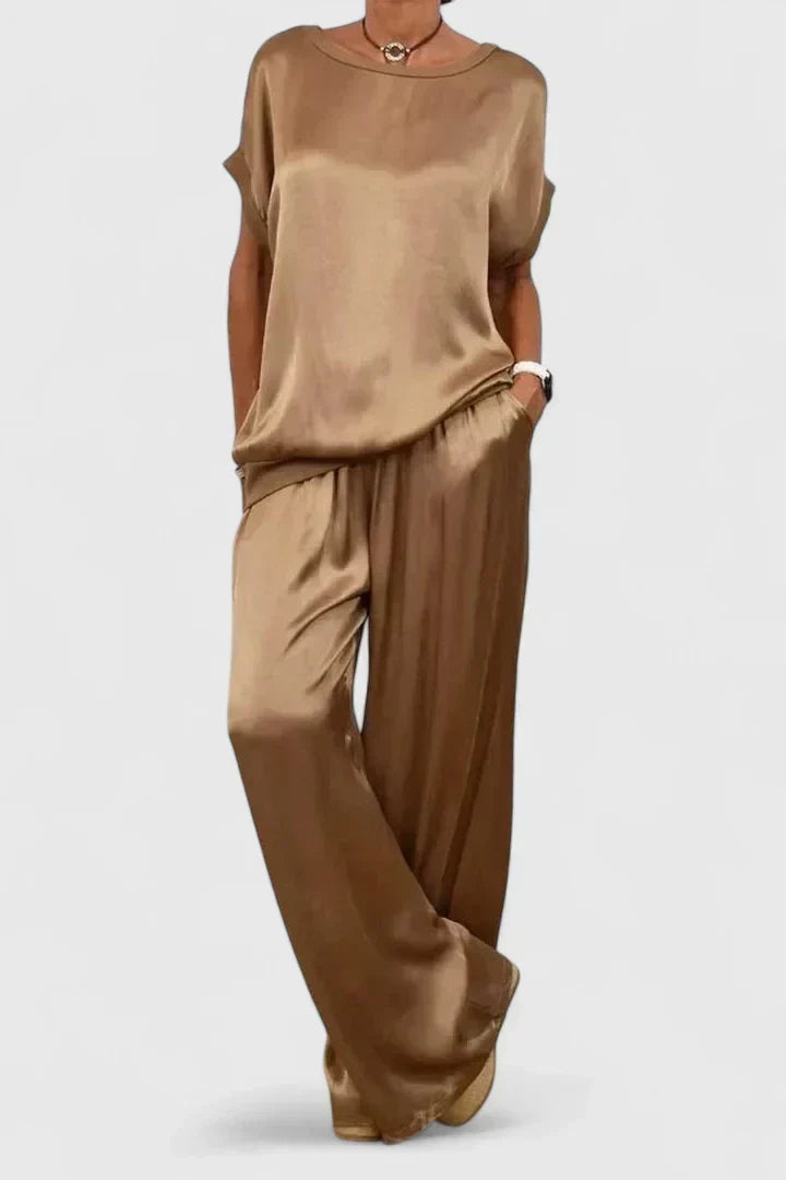 Satin Short Sleeve Top and Wide Leg Pants Two Piece Set 3