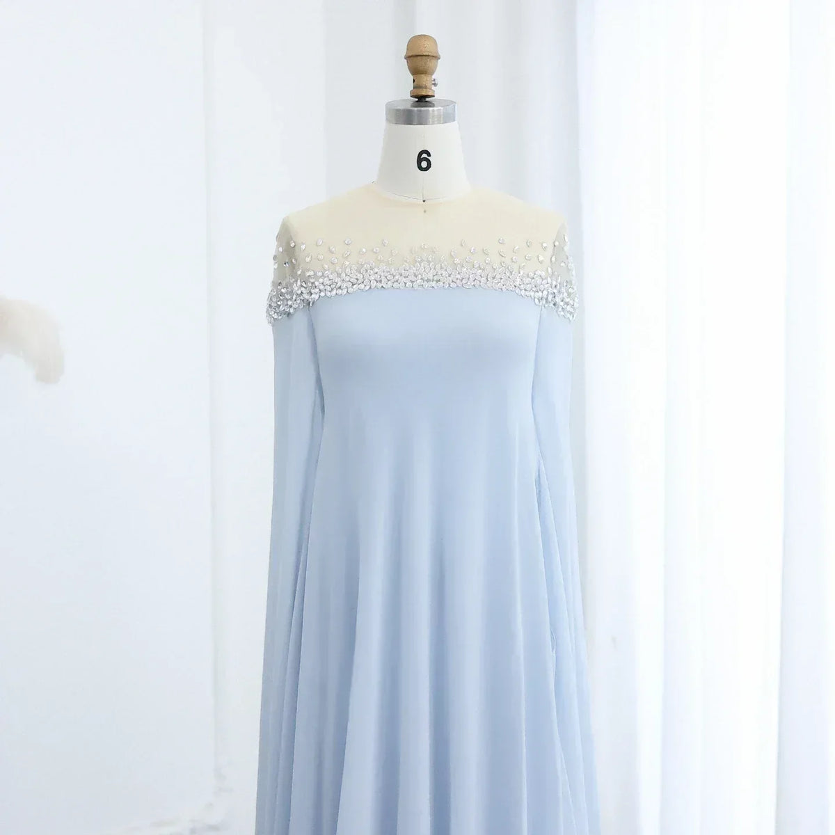 Rhinestone Beaded Illusion Neck Cape Sleeve Chiffon Maxi Gown - View 4