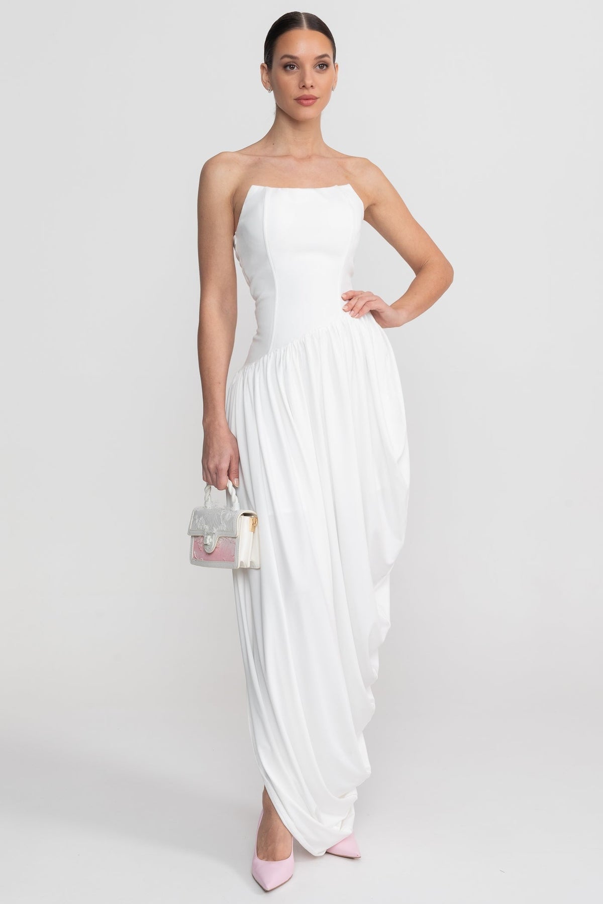 Strapless Maxi Dress With Asymmetric Draped Skirt - White - View 7