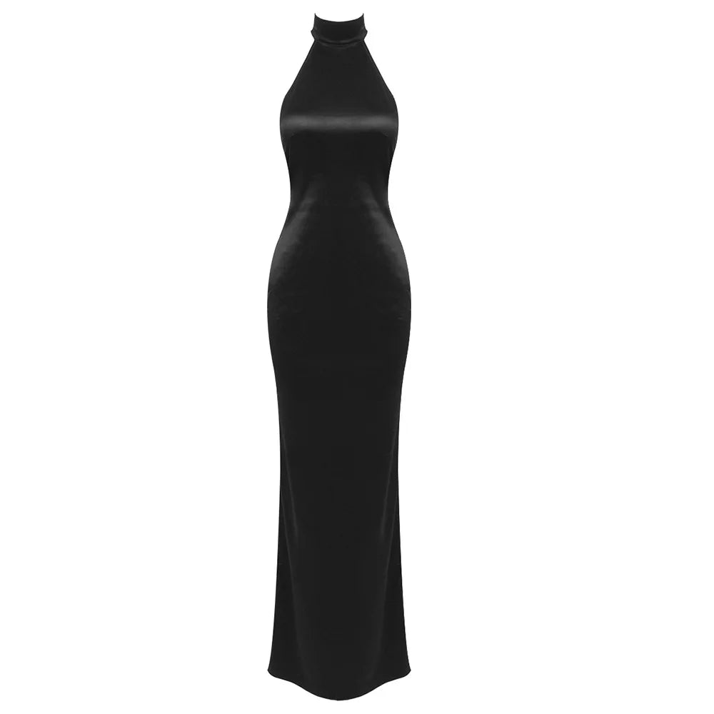 Satin Halter Neck Backless Pearl Strap Maxi Gown - View 13