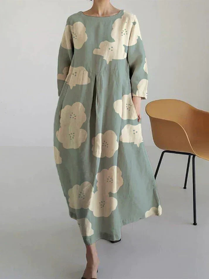 Floral Print Crew Neck Long Sleeve Pocket Relaxed Maxi Dress