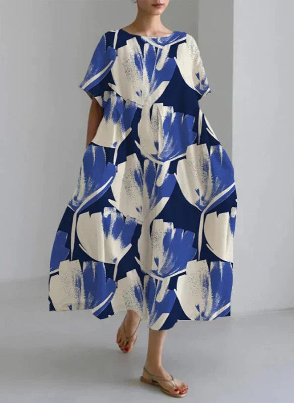 Floral Print Crew Neck Long Sleeve Pocket Relaxed Maxi Dress - View 2