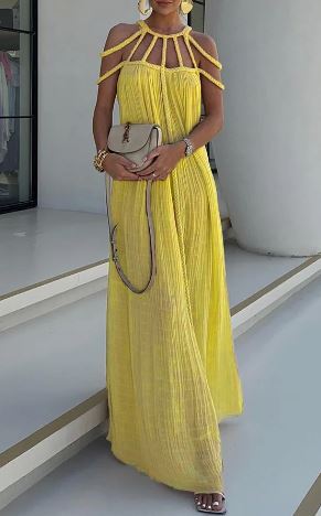Halter Cage Strap Crinkled Pleated Sleeveless Flowy Maxi Gown - View 4