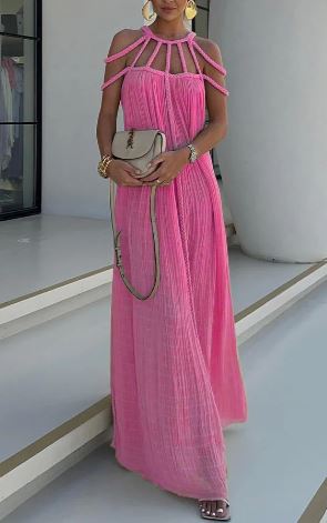 Halter Cage Strap Crinkled Pleated Sleeveless Flowy Maxi Gown - View 3