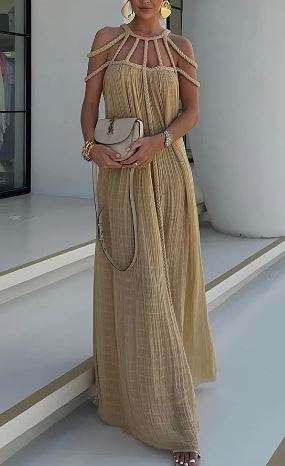 Halter Cage Strap Crinkled Pleated Sleeveless Flowy Maxi Gown - View 2