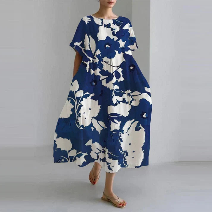 Floral Print Crew Neck Long Sleeve Pocket Relaxed Maxi Dress - View 4
