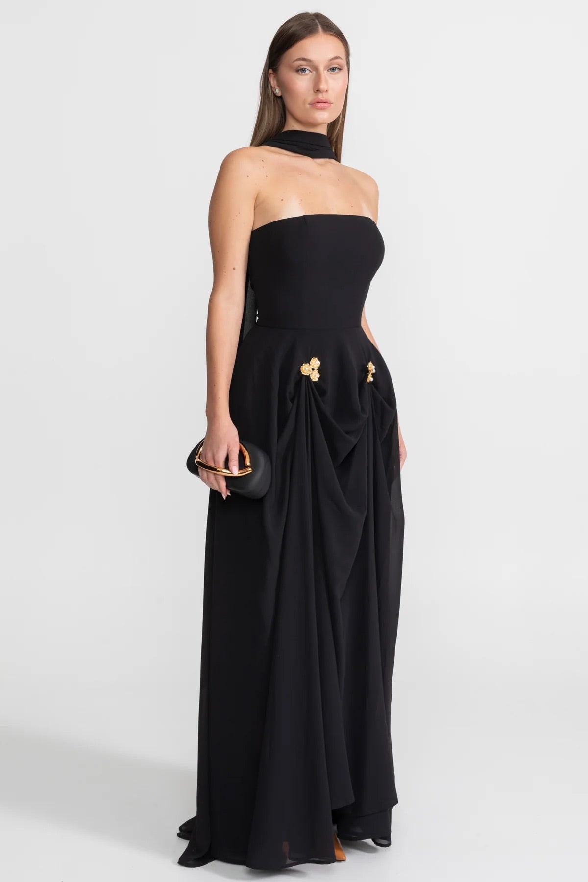 Strapless Scarf Neck Draped Floral Brooch A-Line Maxi Gown - View 3