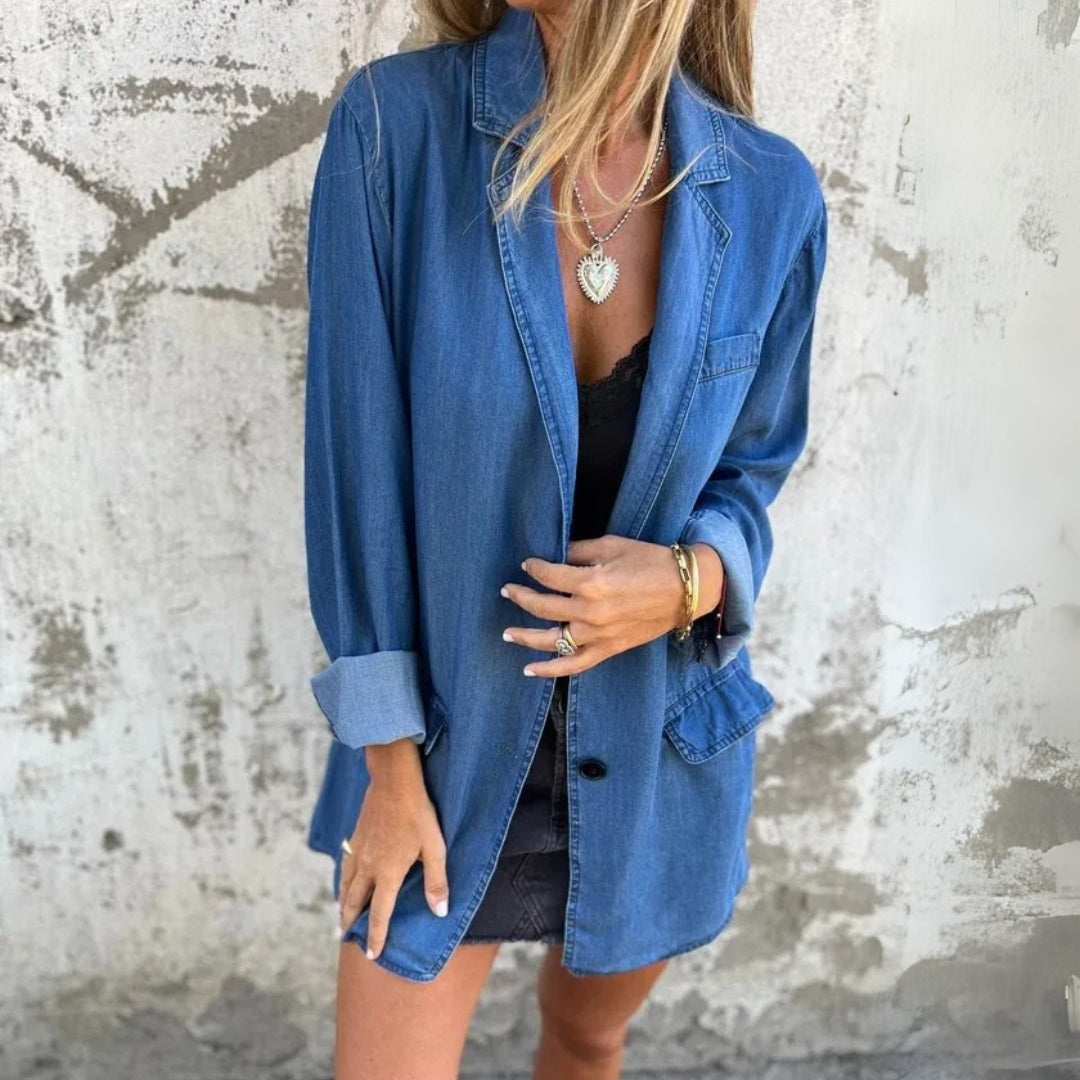 Denim Look Lapel Button Front Blazer
