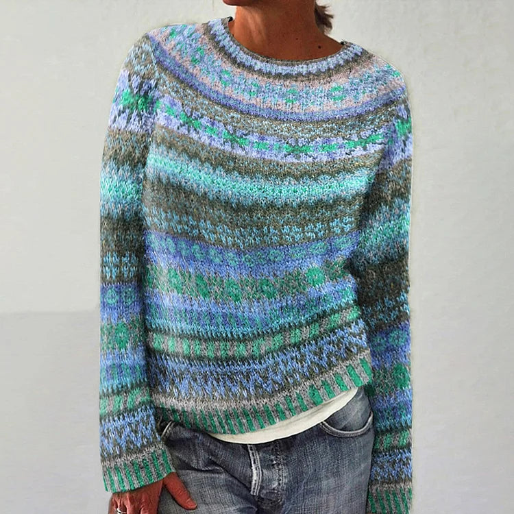 Crew Neck Long Sleeve Marled Fair Isle Sweater