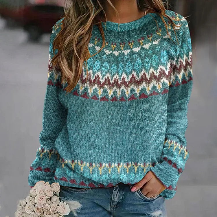 Crew Neck Long Sleeve Fair Isle Knit Sweater
