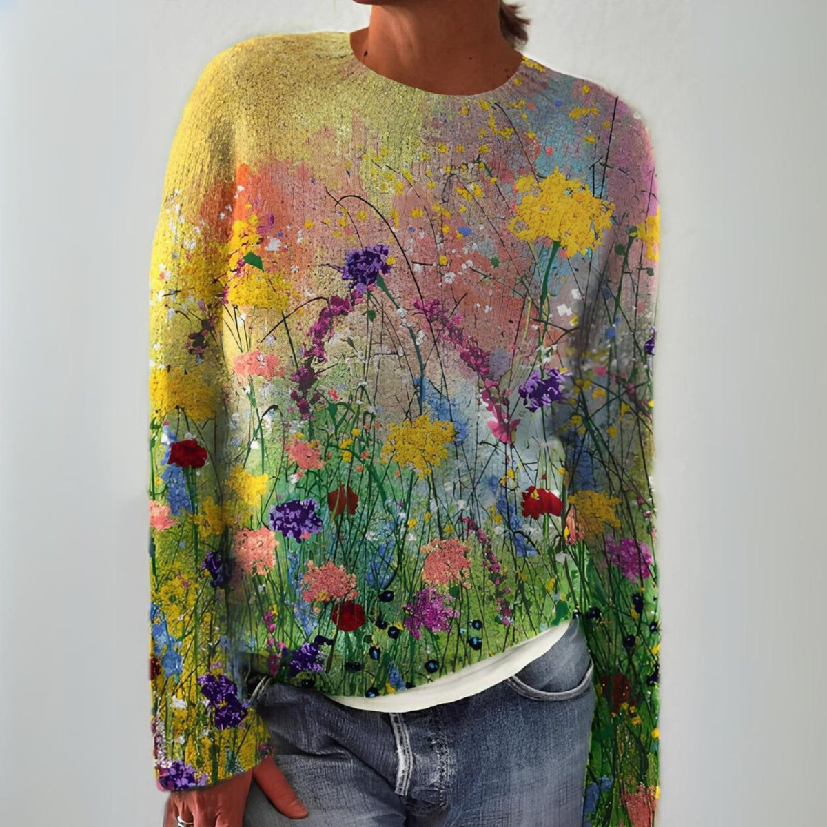 Wildflower Meadow Print Crew Neck Knit Sweater