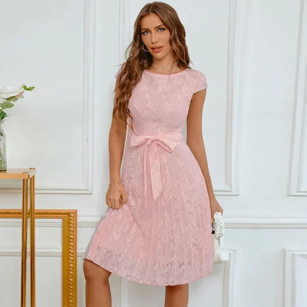 Lace Cap Sleeve Belted Fit and Flare Cocktail Mini Dress - View 2