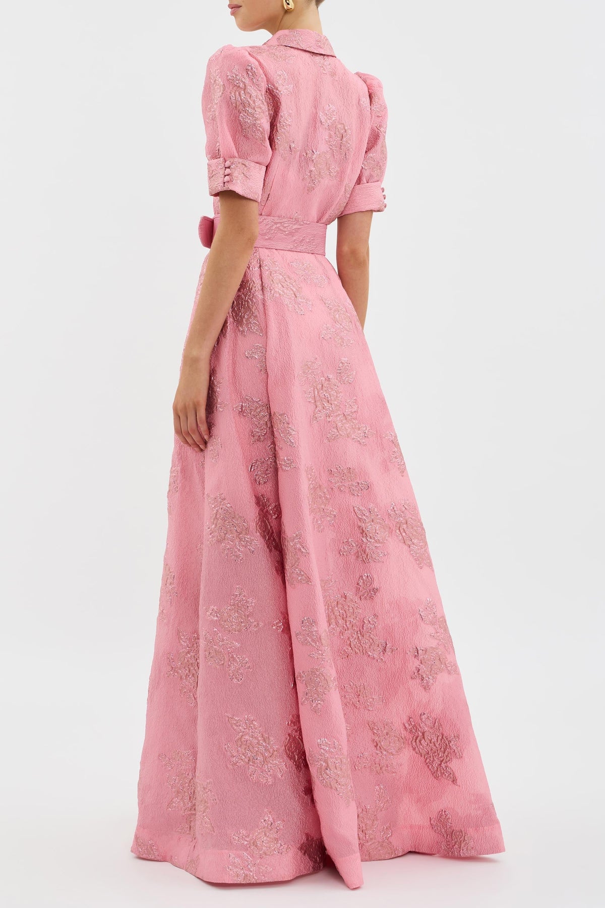 Floral Jacquard Collared Puff Sleeve Belted A-Line Maxi Dress 4