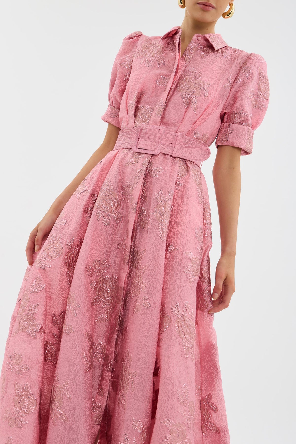 Floral Jacquard Collared Puff Sleeve Belted A-Line Maxi Dress 5