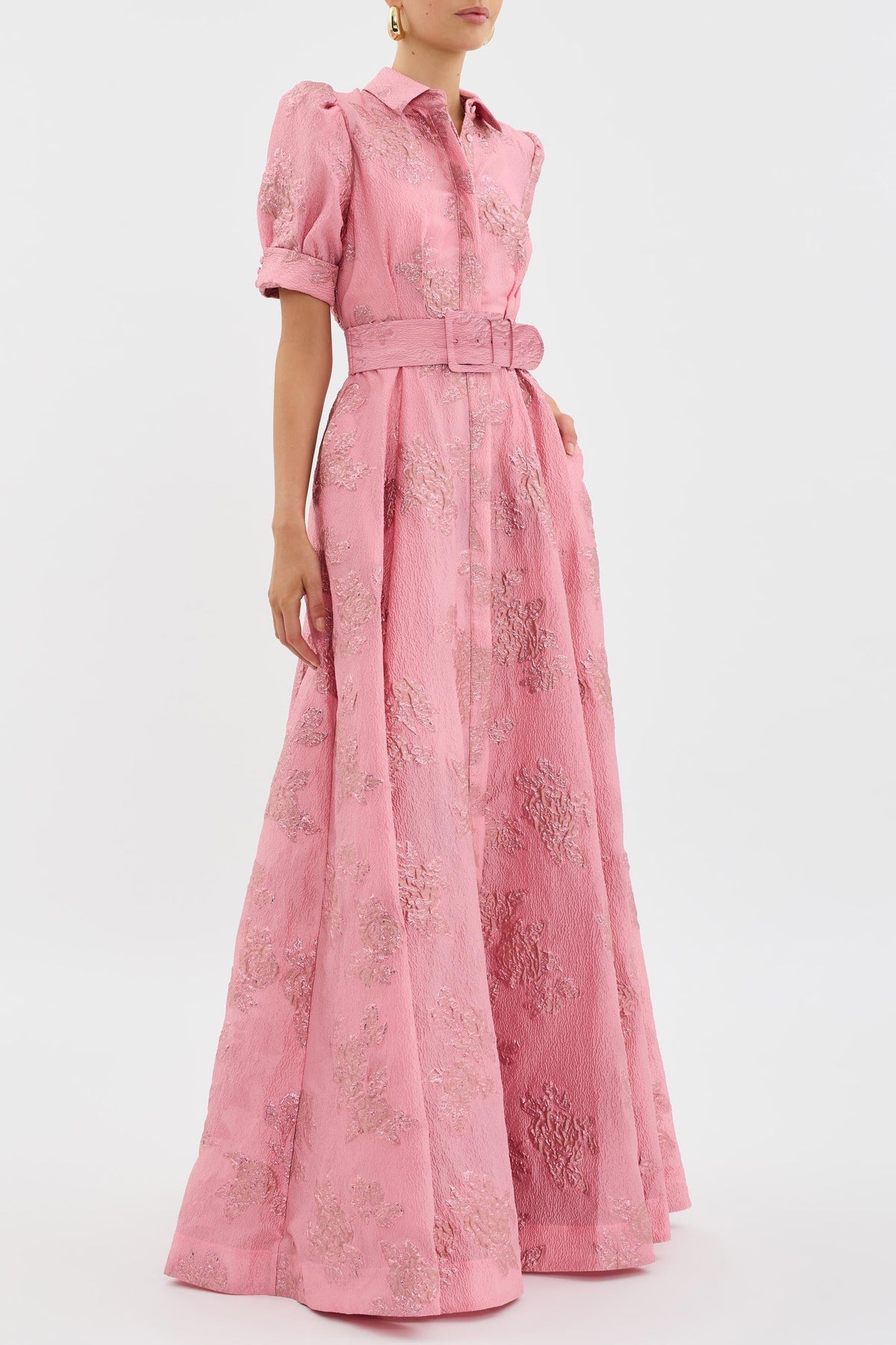 Floral Jacquard Collared Puff Sleeve Belted A-Line Maxi Dress 3