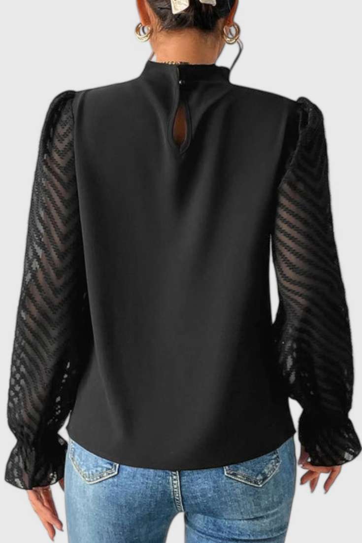 Mock Neck Sheer Lace Long Sleeve Ruffle Blouse 6