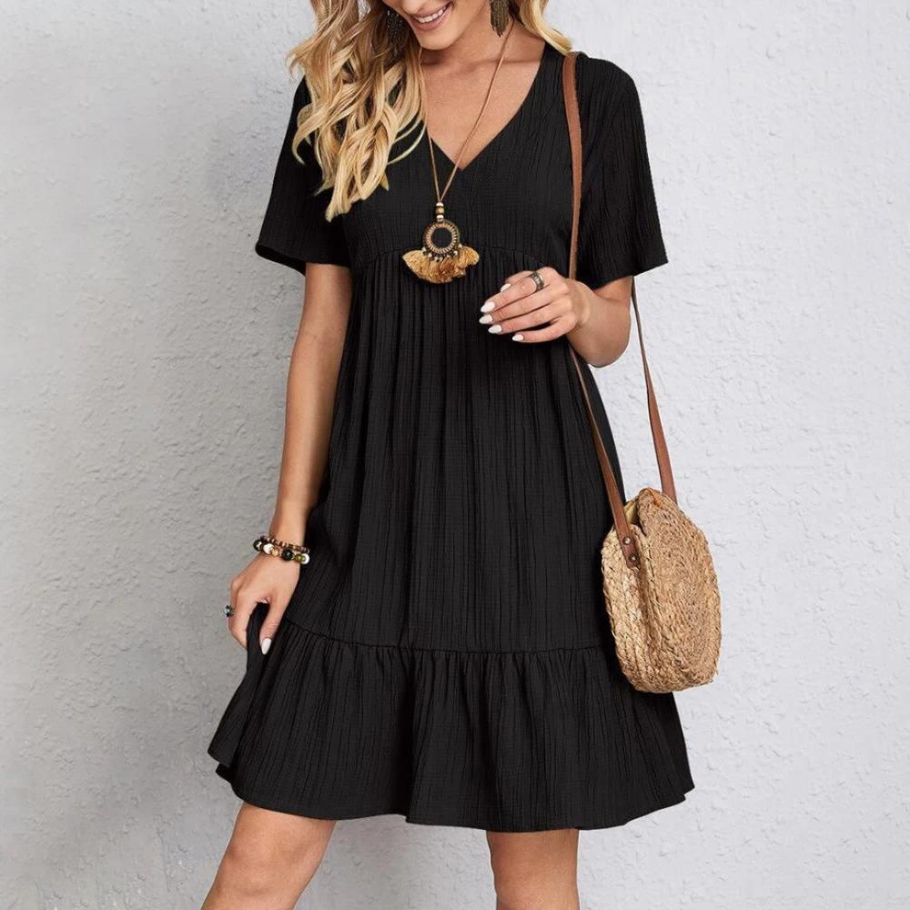 Deep V-Neck Short Sleeve Crinkle Tiered Ruffle Empire Waist Mini Dress