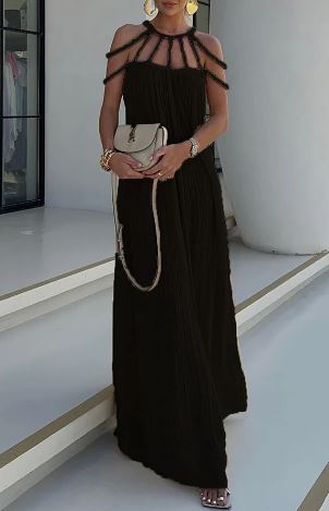 Halter Cage Strap Crinkled Pleated Sleeveless Flowy Maxi Gown