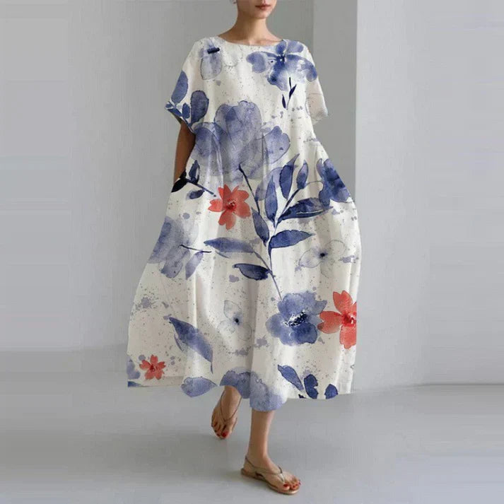 Floral Print Crew Neck Long Sleeve Pocket Relaxed Maxi Dress - View 5