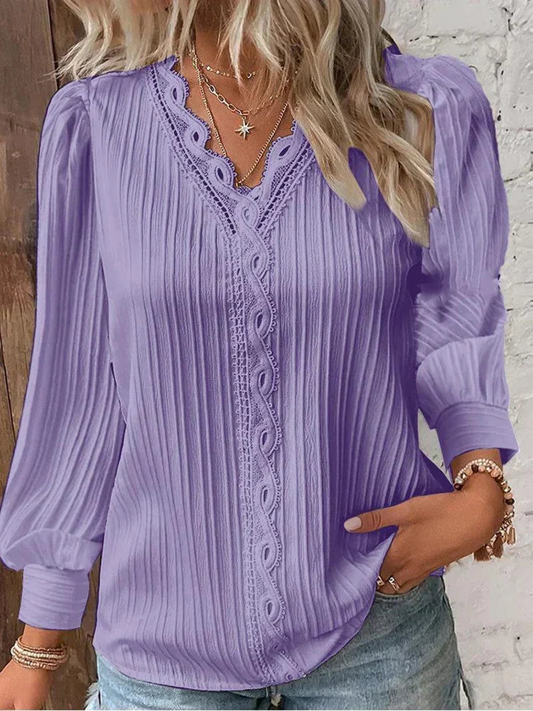 V-Neck Lace Trim Long Sleeve Pleated Blouse 5