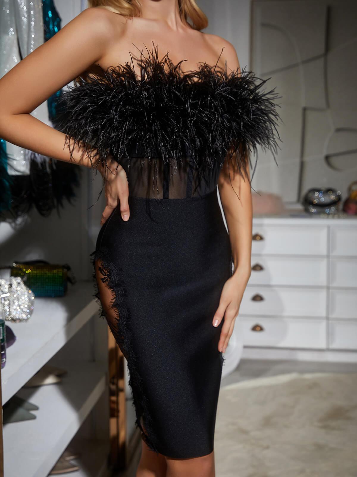 Abby Feather Trimmed Lace Bodycon Dress - View 5