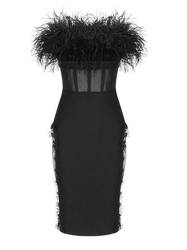 Abby Feather Trimmed Lace Bodycon Dress - View 6