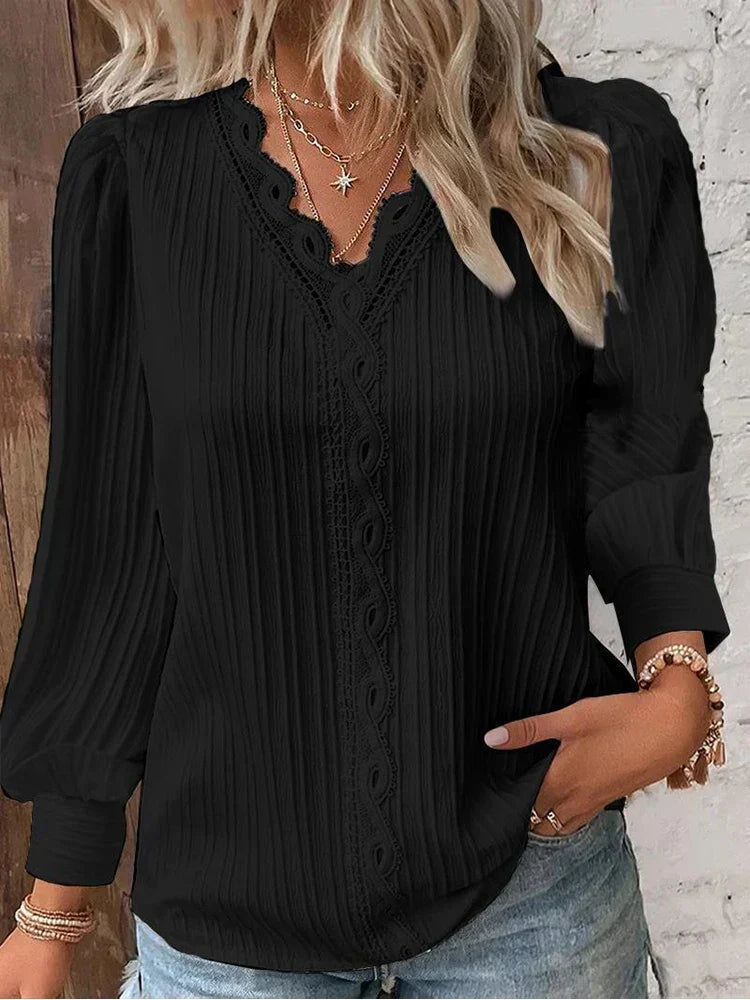 V-Neck Lace Trim Long Sleeve Pleated Blouse 2