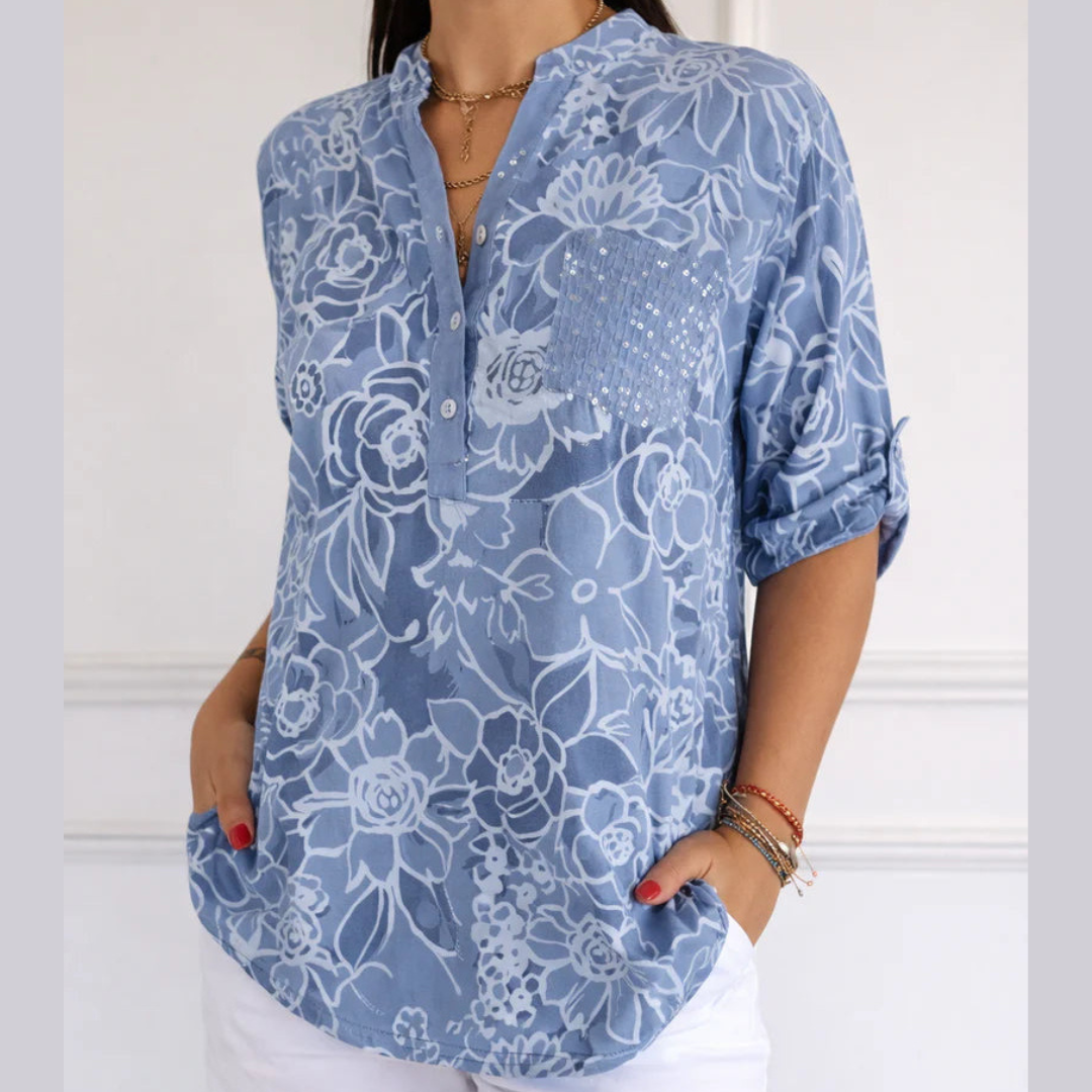 Floral Print Sequin Pocket Notch Neck Long Sleeve Blouse