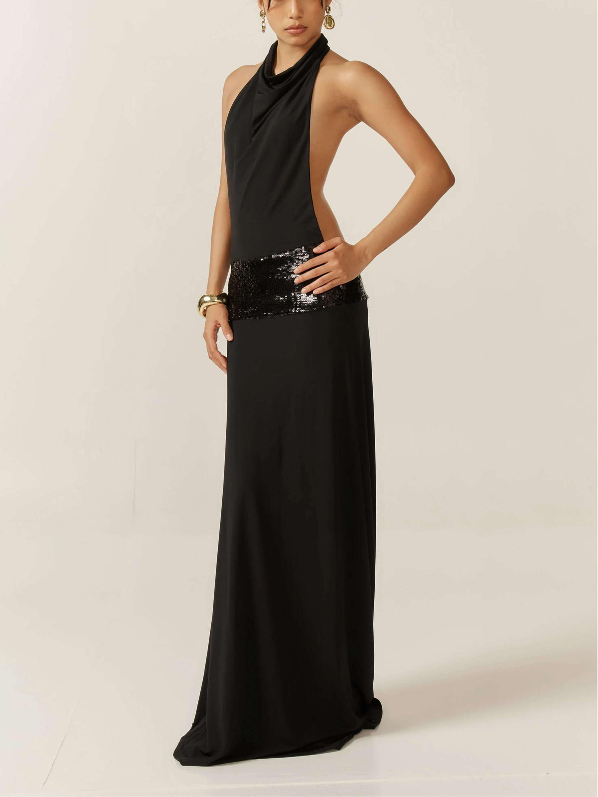 Halter Cowl Neck Backless Sequin Band Dropped Waist Maxi Gown - View 2