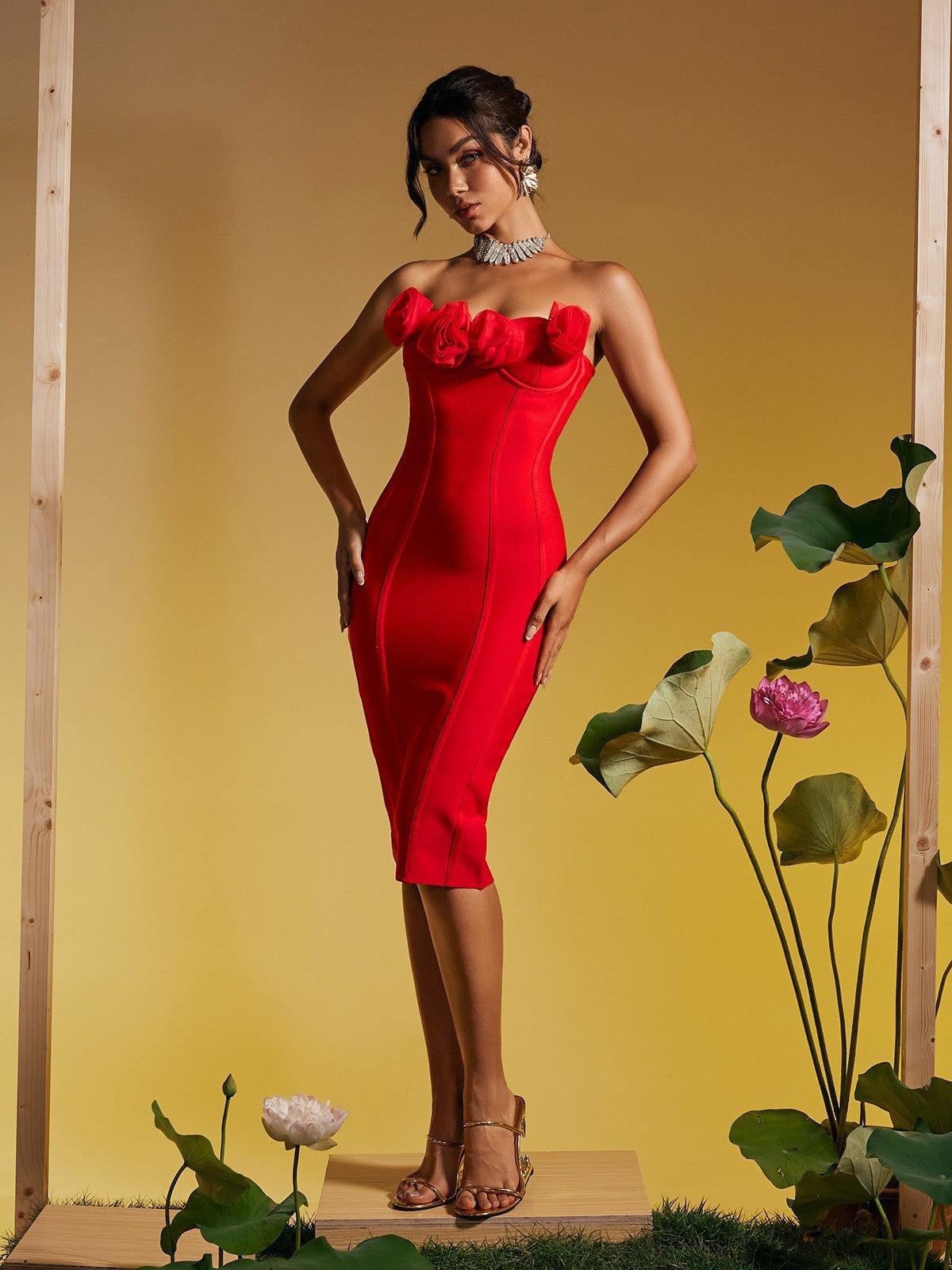 Bandage Strapless Floral Corset Midi Dress - View 2