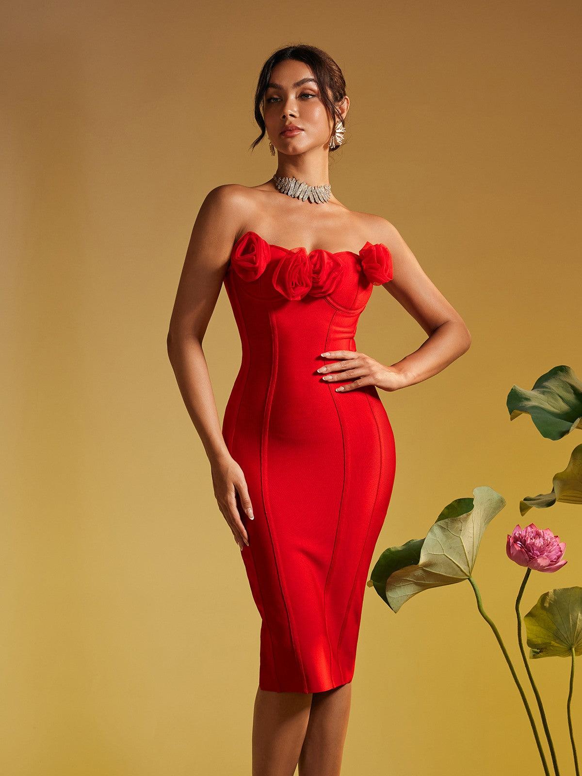 Bandage Strapless Floral Corset Midi Dress - View 5