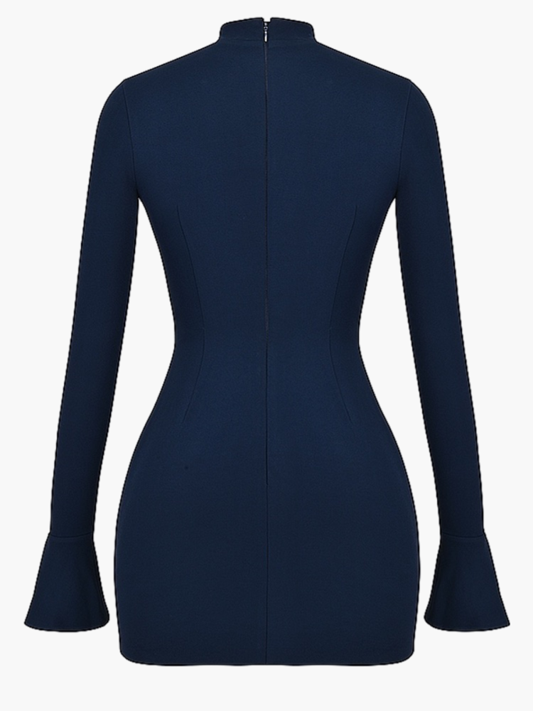 Mock Neck Long Sleeve Bell Cuff Princess Seam Mini Cocktail Dress - View 4