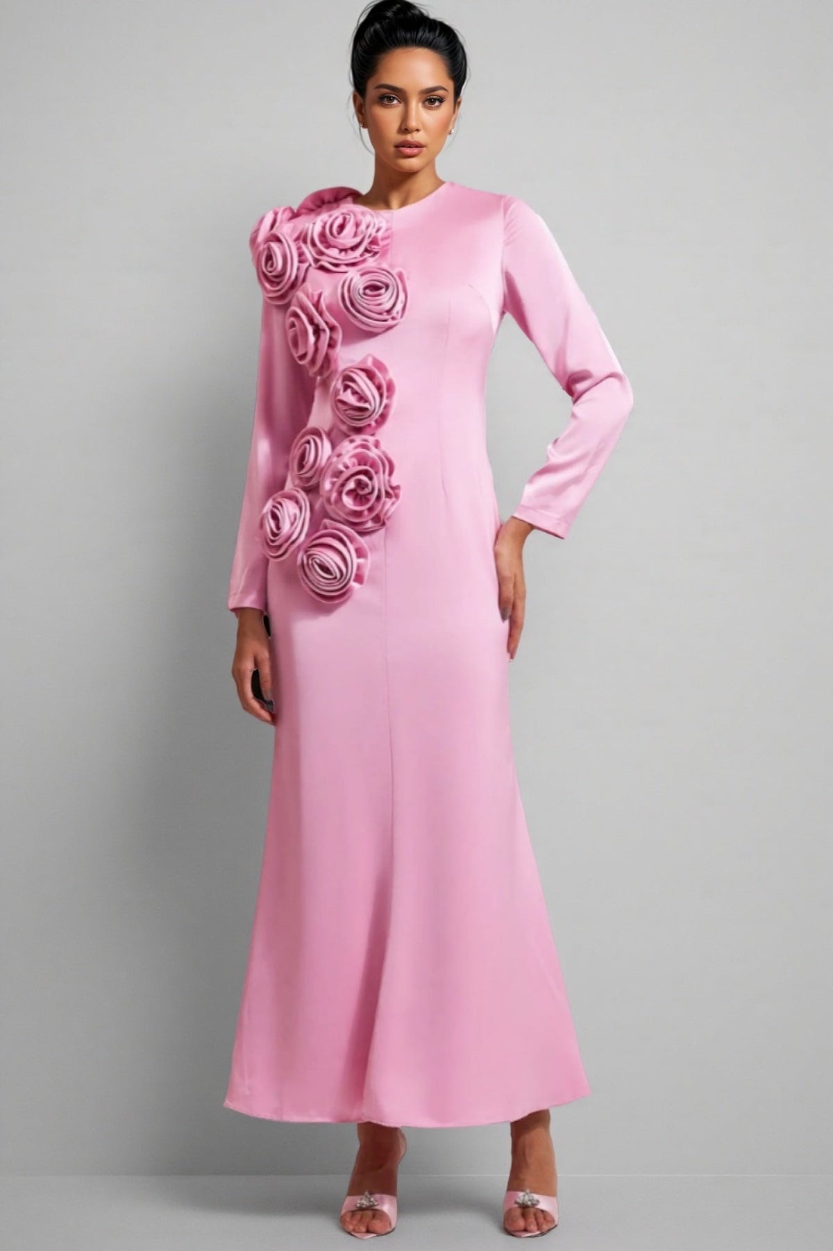 3D Floral Satin Cami Maxi Dress