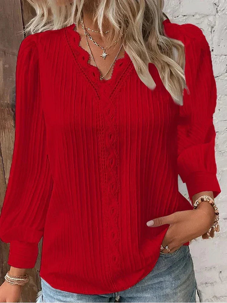 V-Neck Lace Trim Long Sleeve Pleated Blouse 6