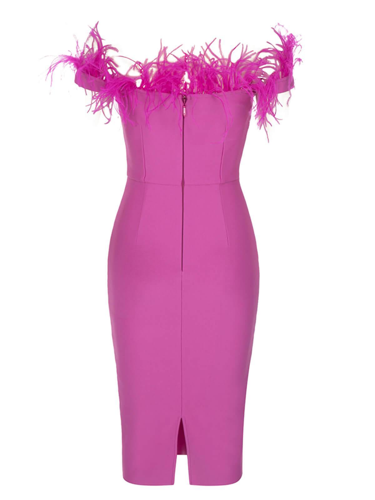 Off Shoulder Sweetheart Feather Trim Corset Bandage Midi Dress - View 7