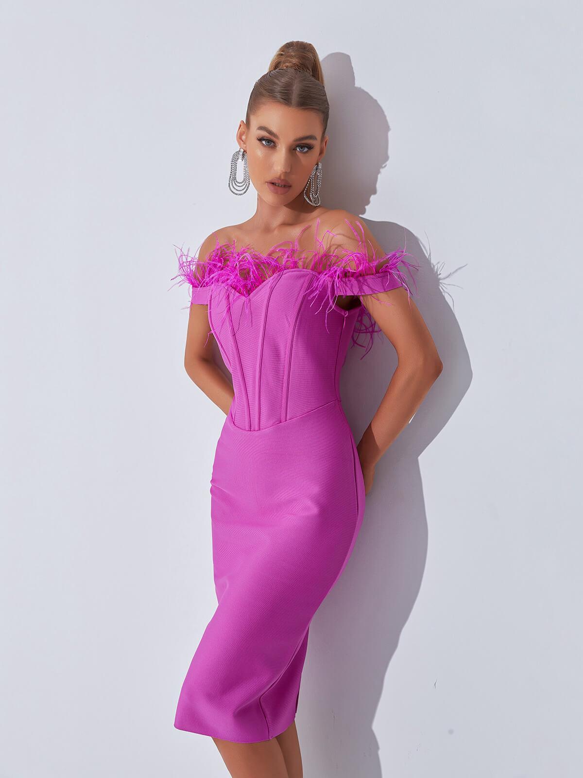 Off Shoulder Sweetheart Feather Trim Corset Bandage Midi Dress - View 4