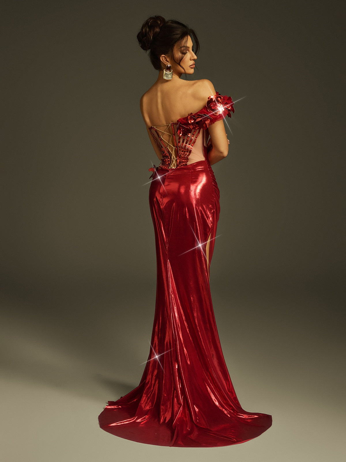 One Shoulder Corset Mesh Cage 3D Floral High Split Metallic Maxi Gown - View 6