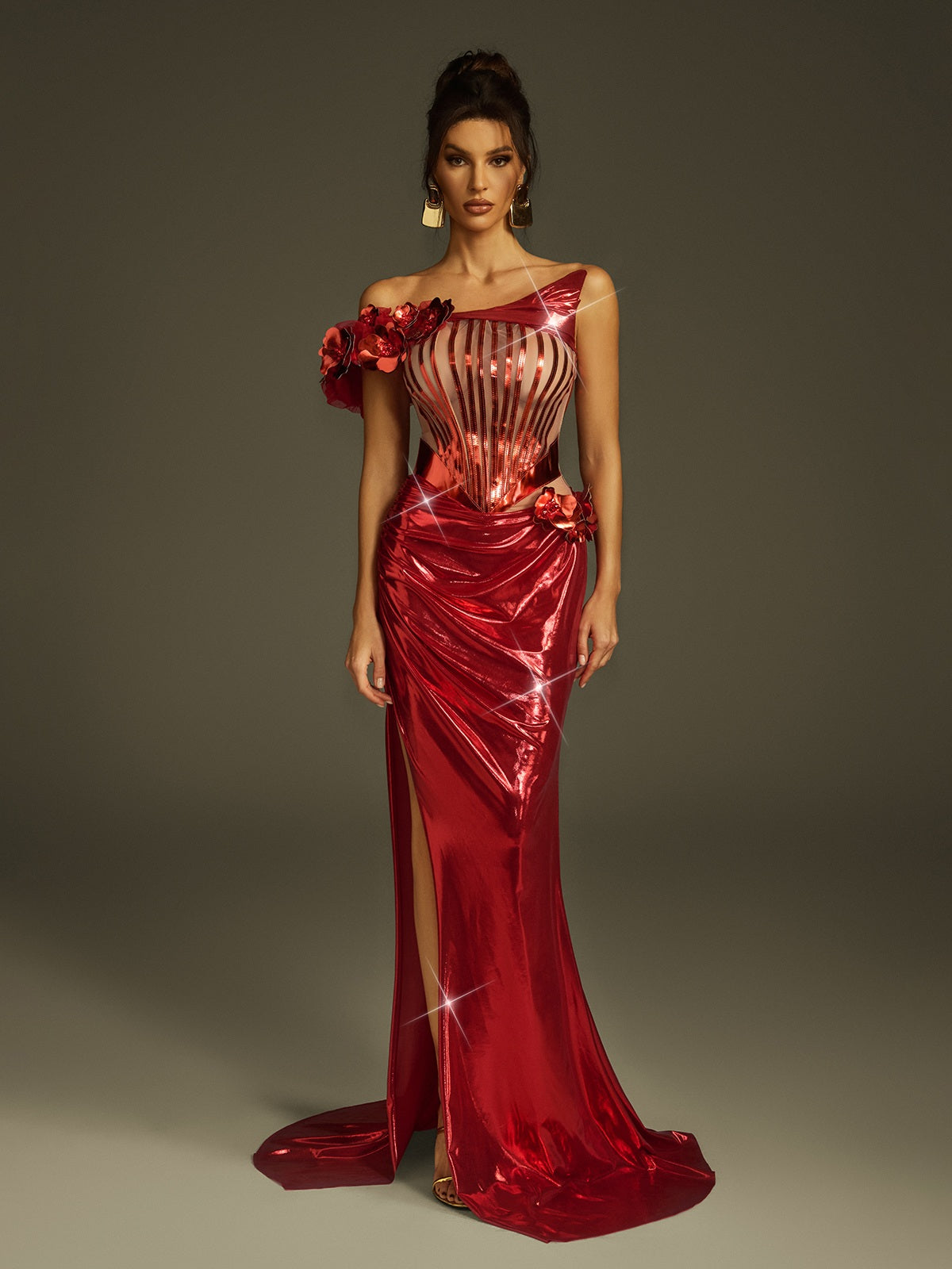 One Shoulder Corset Mesh Cage 3D Floral High Split Metallic Maxi Gown - View 3