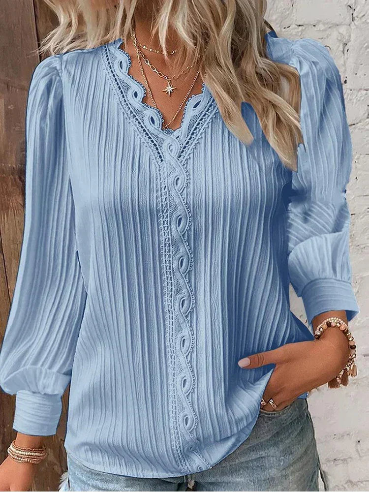 V-Neck Lace Trim Long Sleeve Pleated Blouse 3