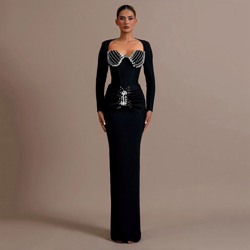 Rhinestone Long Sleeve Sweetheart Corset Bodycon Maxi Gown