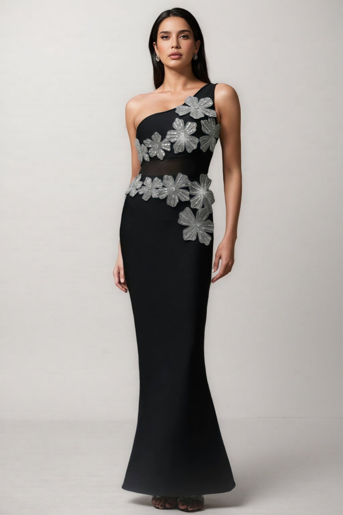 One Shoulder Floral Applique Mesh Cut Out Mermaid Maxi Gown
