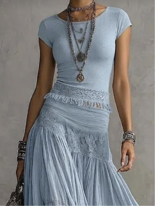 Short Sleeve Top and Lace Panel Tiered Maxi Skirt Two Piece Set 2