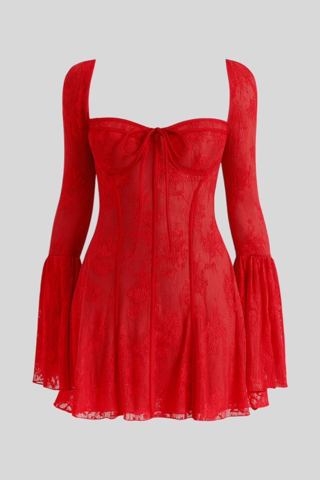 Lace Square Neck Bell Sleeve Ruffle Bustier Mini Dress 3