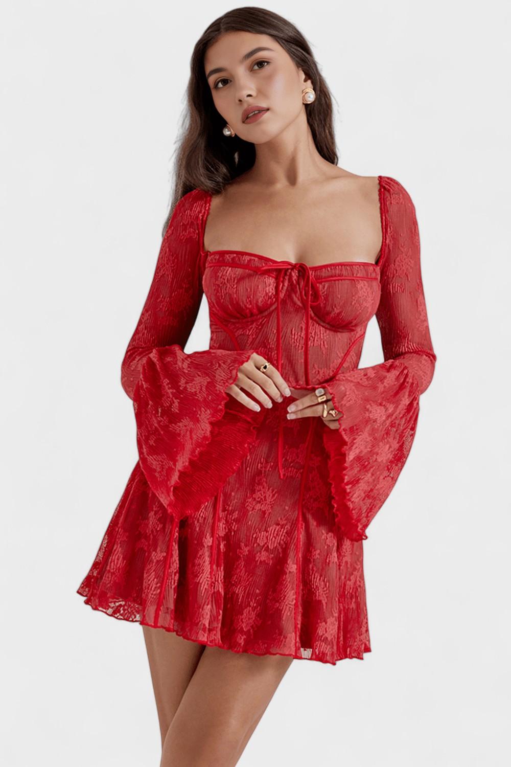 Lace Square Neck Bell Sleeve Ruffle Bustier Mini Dress 2