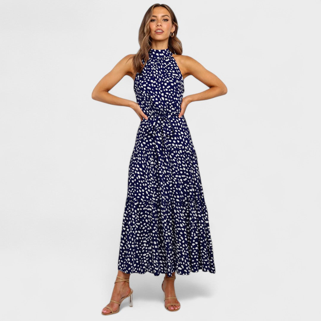 Polka Dot Halter Neck Belted Tiered Midi Dress 16