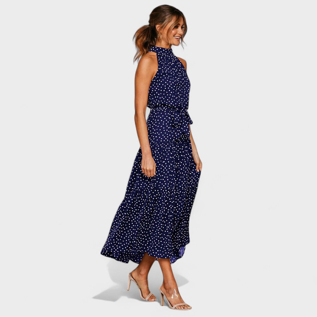 Polka Dot Halter Neck Belted Tiered Midi Dress 3
