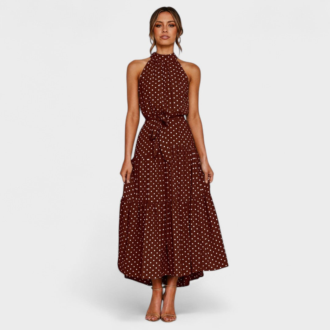 Polka Dot Halter Neck Belted Tiered Midi Dress 14
