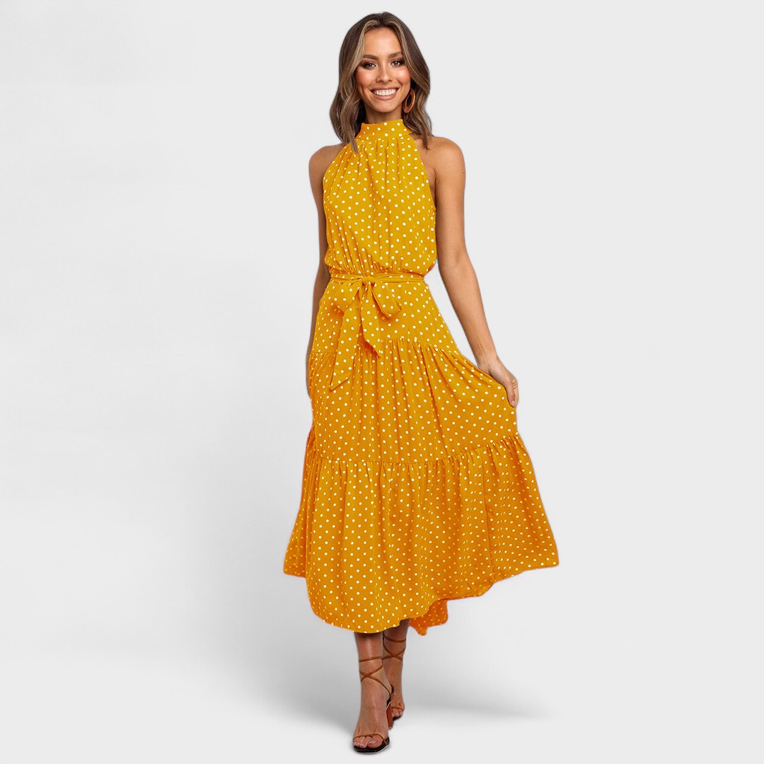Polka Dot Halter Neck Belted Tiered Midi Dress 10