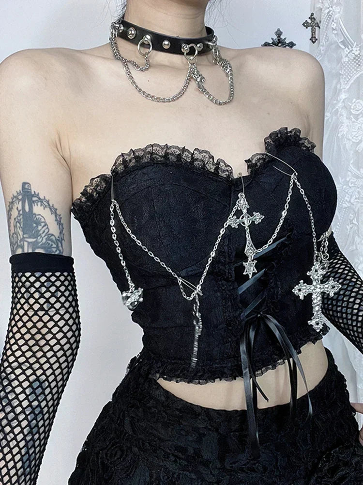 Strapless Lace Trim Cross Chain Lace Up Corset Crop Top 6