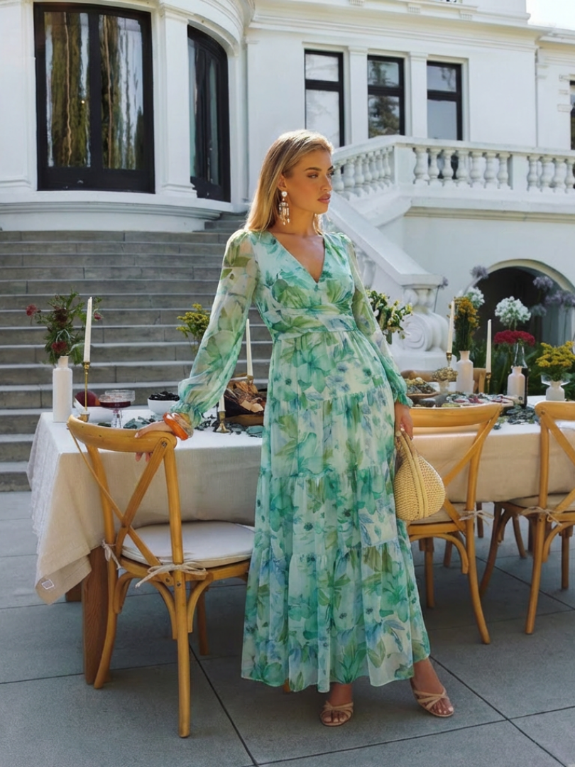 Floral V-Neck Long Sleeve Tiered Maxi Dress 13